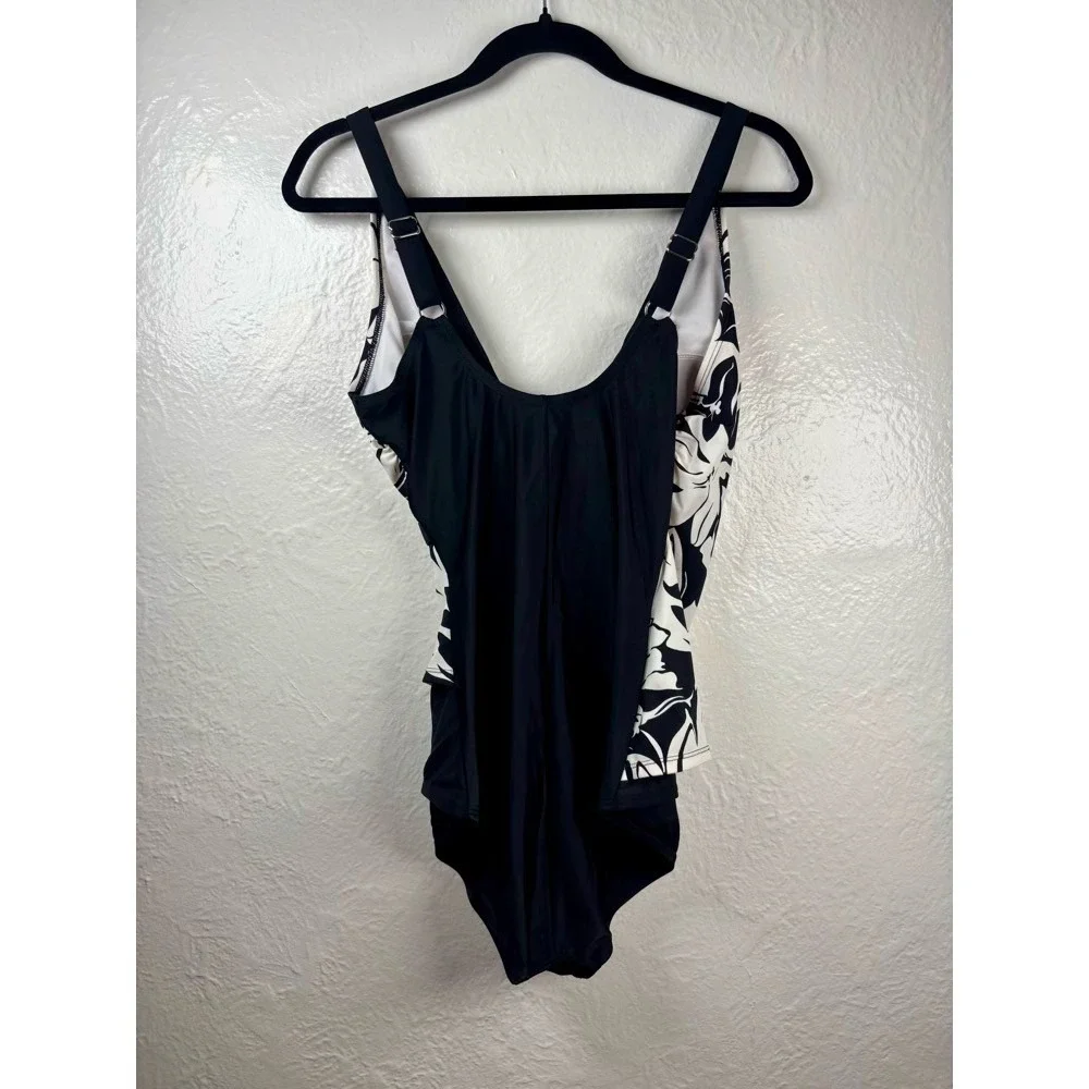 Jantzen One Piece Swimsuit 14 Black White Floral Surplice‎ Wrap Resort Vacation